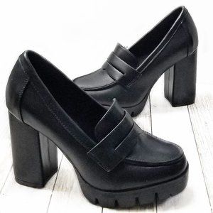 New Black Platform Chunky High Heel Penny Loafers
